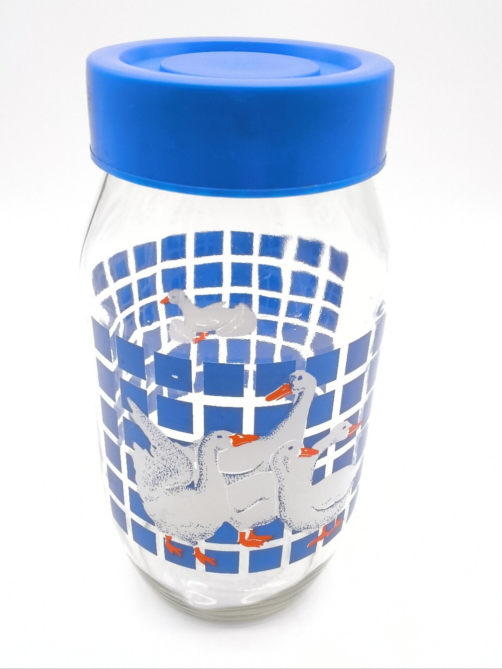 2L- 1982 Carlton Glass Country Geese / Blue Checkered Grid Canister Jar